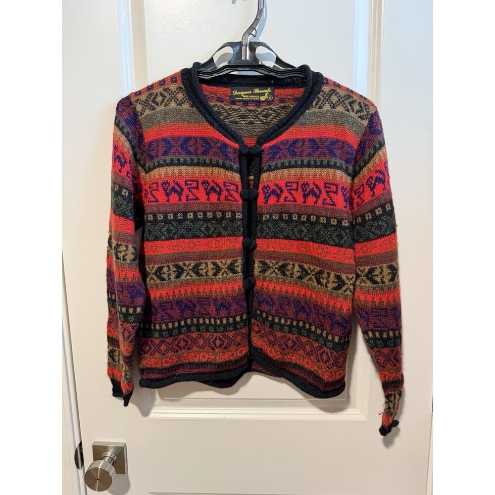 Designer Threads Alpaca Cardigan Womens S Peru Llama Fair Isle Boho Sweater